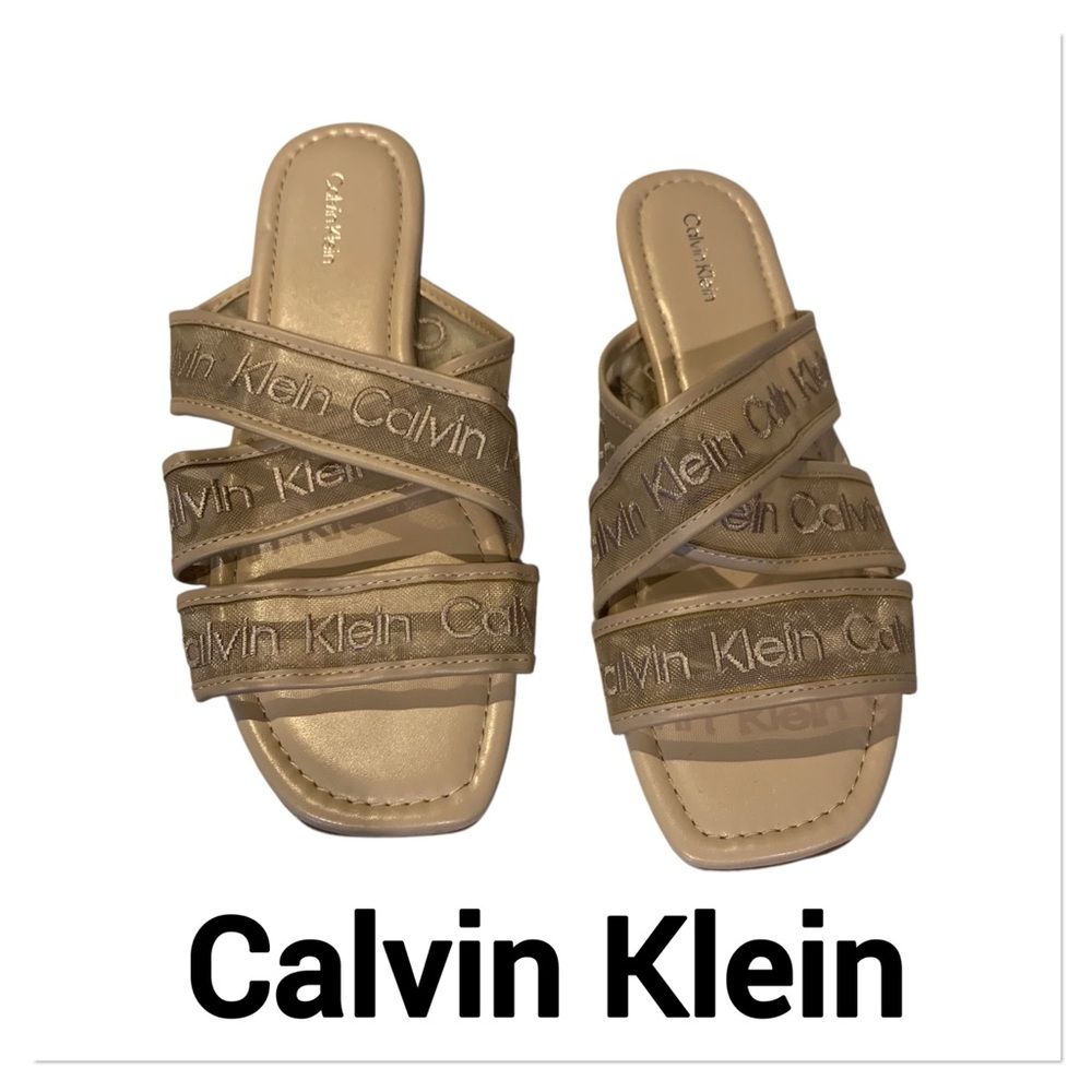 CALVIN KLEIN Beige Logo Slide Sandals size 9.5